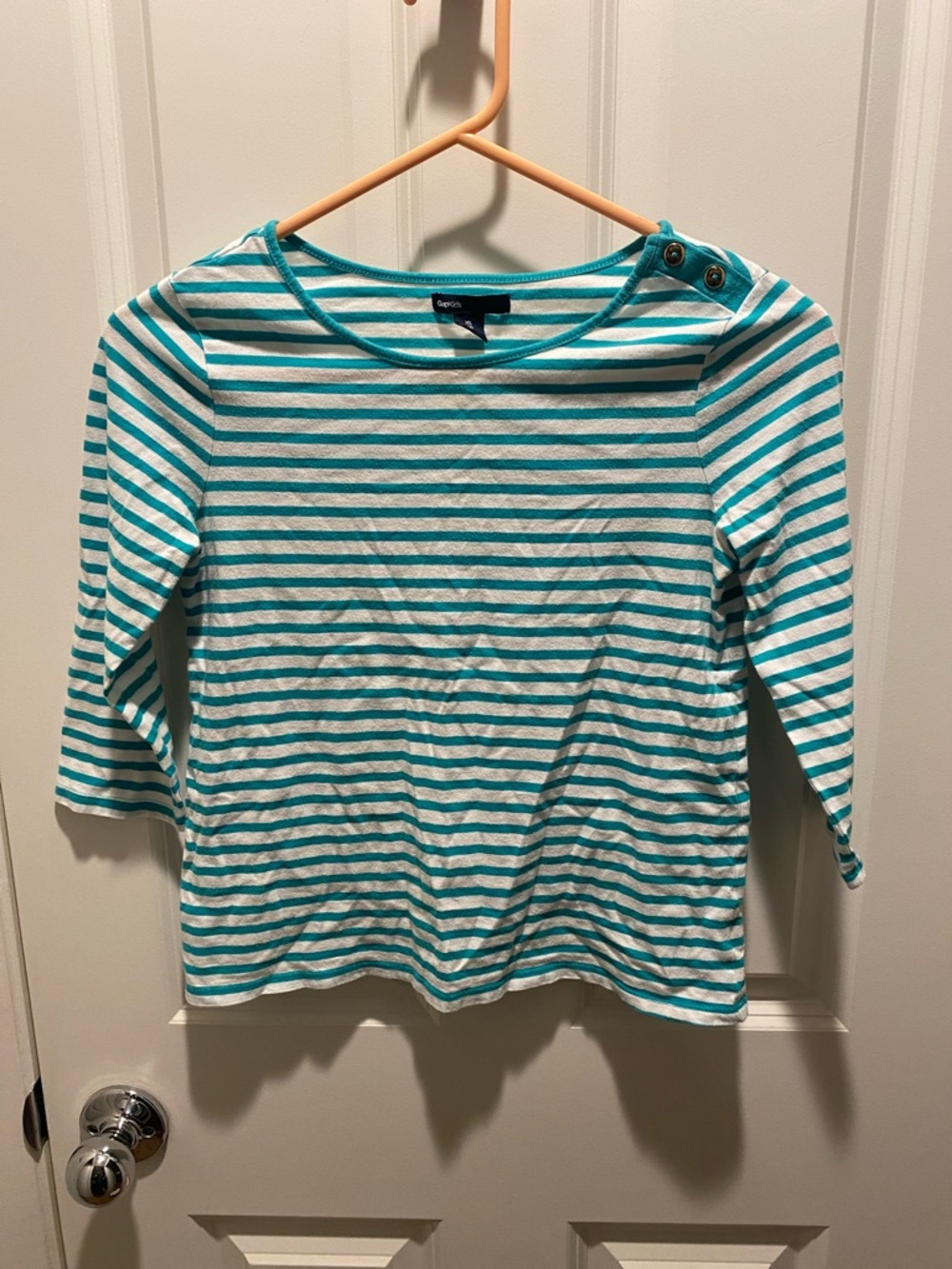 GAP Kids Teal & White Striped Boatneck Top with Shoulder Buttons